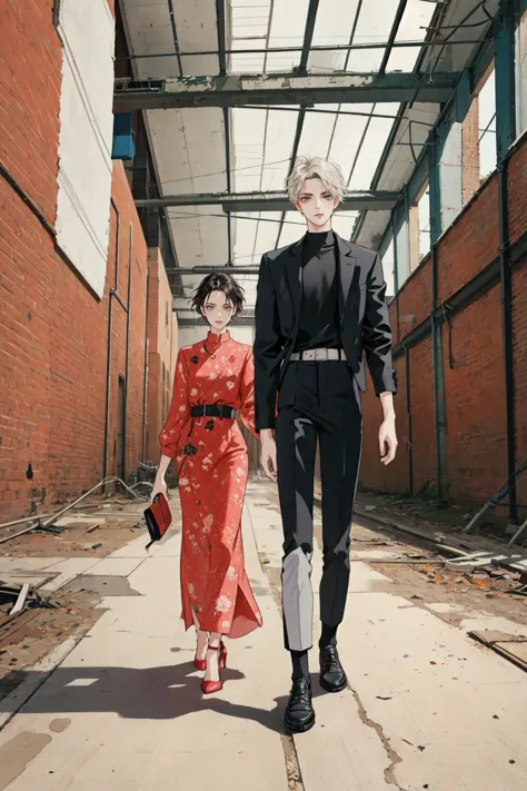 anime couple walking in an alley with a red dress and black jacket