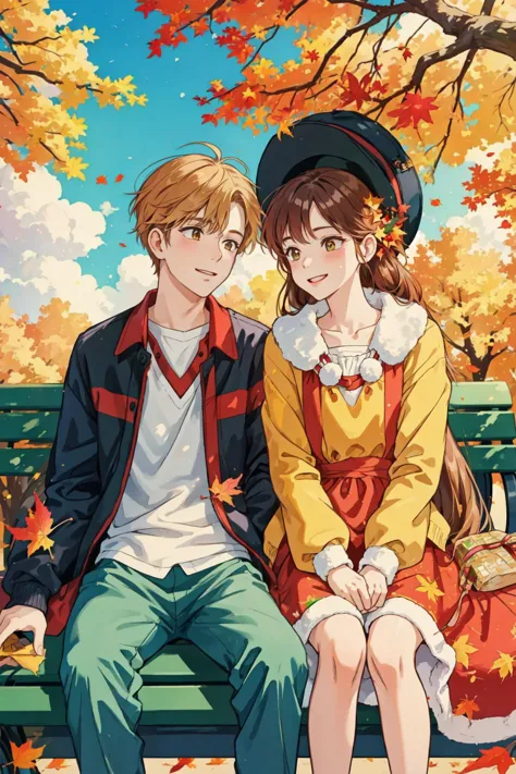 duo, photo, a cute boy and girl sitting on a park bench watching leaves fall on a sunny autumn day, detailed, fluffy clouds, festive