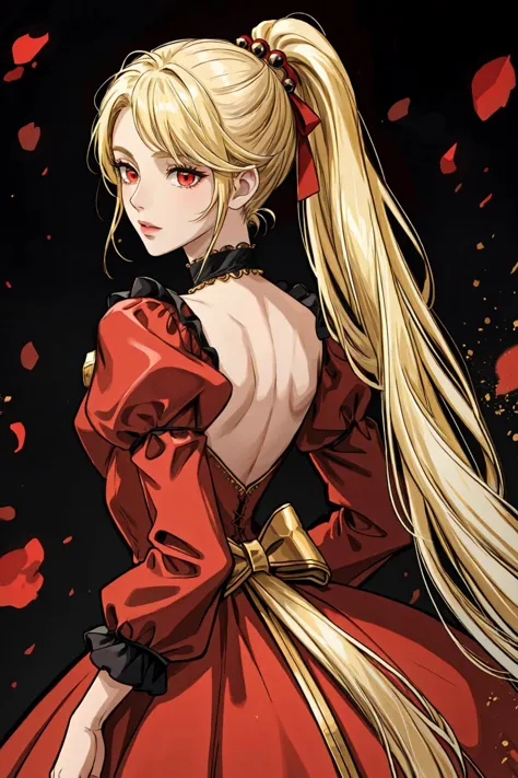 1girl, (masterpiece, best quality:1.2), (face focus:1.4), back focus, from behind, blonde hair, long hair, high ponytail, long ponytail, red eyes, long eyelashes, thick eyelashes, looking at viewer, red dress, backless dress, gold trim dress, puffy sleeves, juliet sleeves, long sleeves, red sleeves, (black background:1.2), light particles, blurry, bloom, shiny hair,