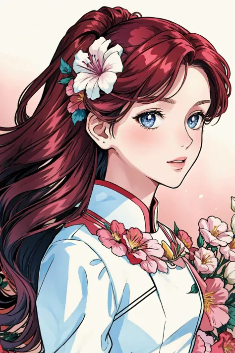 a woman with long red hair and a flower in her hair