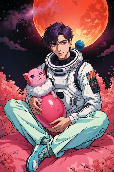 1man, a gorgeous Pakistani man wearing a space suit sitting with an adorable fluffy bipedal alien on his lap, pink alien planet, purple oceans, orange sky