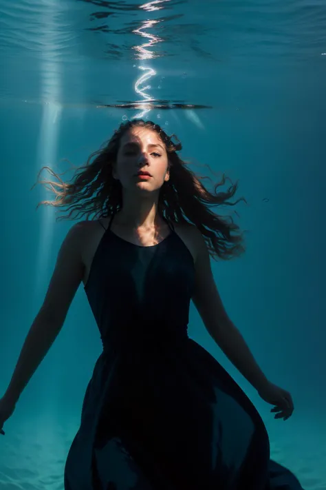 a woman in a black dress is swimming under water