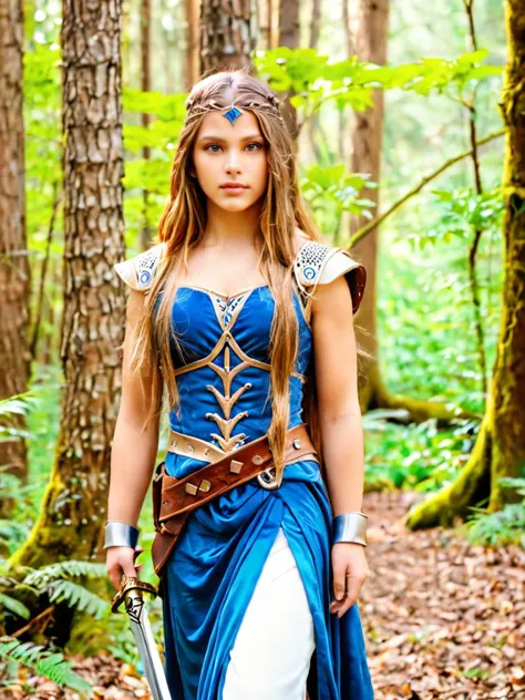 masterpiece,best quality,8k raw,a photo of lan3y4,girl,long hair,portrait,dressed as a warrior princess,<lora:Laneya_Grace_XL:0.9>,magical forest background,