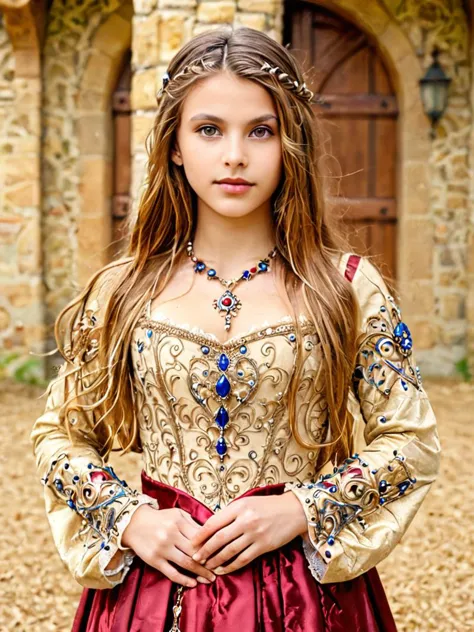 a woman in a medieval dress standing in front of a stone building