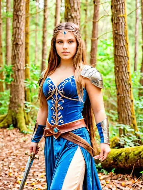 masterpiece,best quality,8k raw,a photo of lan3y4,girl,long hair,portrait,dressed as a warrior princess,<lora:Laneya_Grace_XL:0.9>,magical forest background,