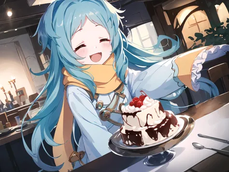 anime girl with blue hair holding a plate of cake with a cherry on top