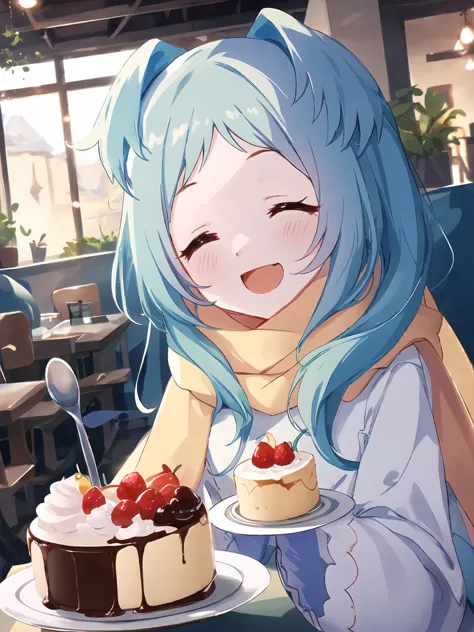 anime girl with blue hair and blue eyes holding a plate with a cake