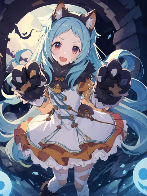 a woman with blue hair and a cat ears holding a cat