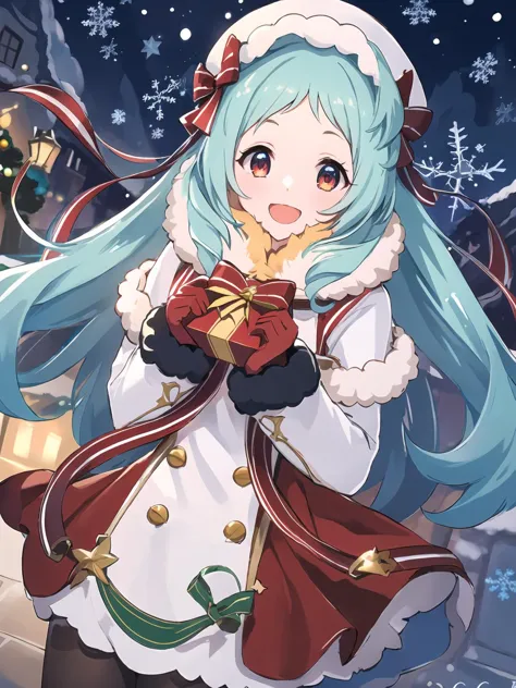 a girl with long blue hair and a white coat holding a red and green christmas present