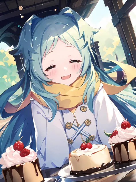 anime girl with blue hair and blue eyes sitting at a table with three cakes