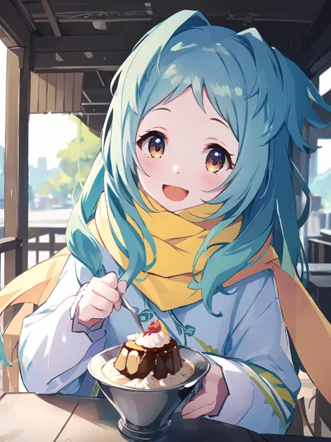 anime girl with blue hair eating ice cream and chocolate