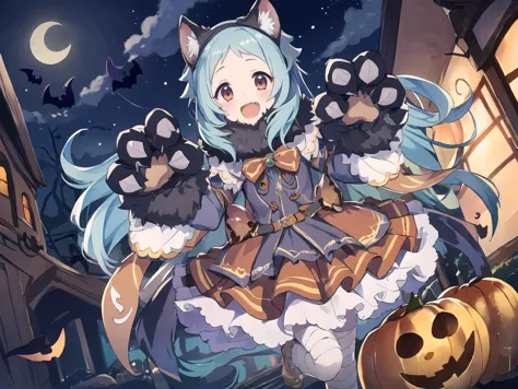 anime girl with blue hair and black gloves holding a cat