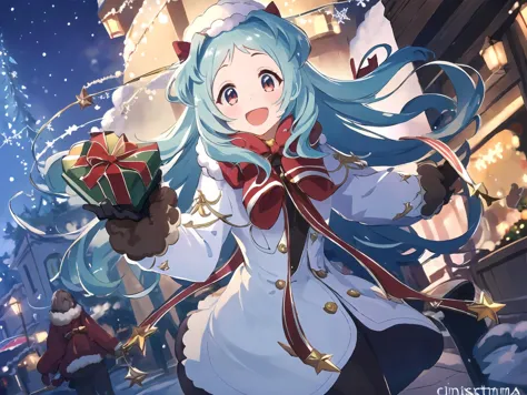 anime girl with blue hair and white dress holding a present