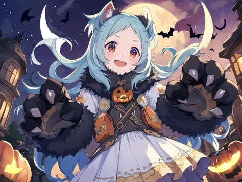 a woman in a white dress holding a black cat and a pumpkin