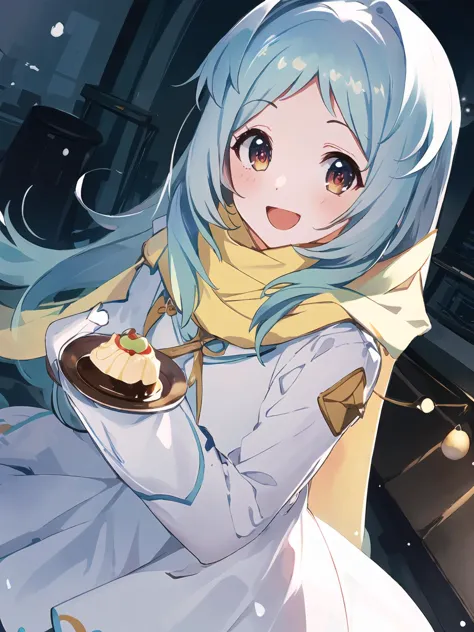 anime girl with blue hair holding a plate of food in her hand