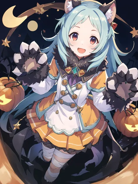 masterpiece,best quality,highres,cinematic lighting,dramatic angle,1girl,light blue hair,orange eyes,MiyakoHalloween,happy,<lora:IzumoMiyakoV2-000021:0.8:lbw=1,0.2,0.8,0.8,0.8,1,0.5,0.8,1,1,1,1,1,1,1,1,1>,white dress,frills,black fur trim,animal hands,bandaged leg,layered dress,pocket,hair ornament,animal ears,paw pose,fangs,animal footwear