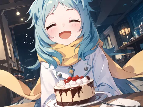 anime girl with blue hair and blue eyes holding a cake