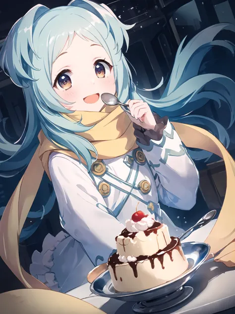 anime girl with blue hair eating a piece of cake