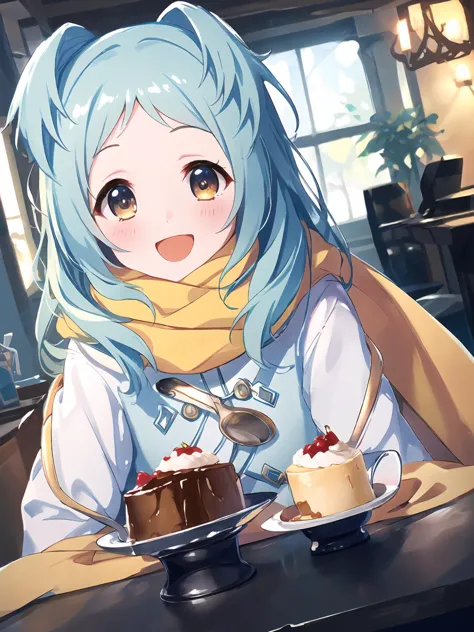 anime girl with blue hair sitting at a table with a cake