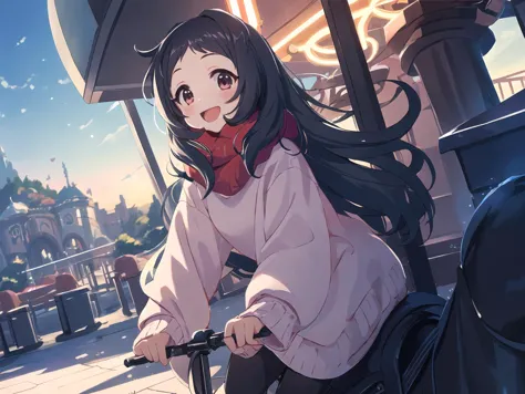 anime girl riding a bike on a city street with a clock tower in the background