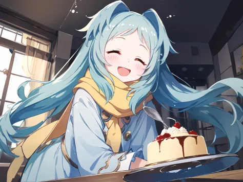 anime girl with blue hair and blue eyes holding a cake