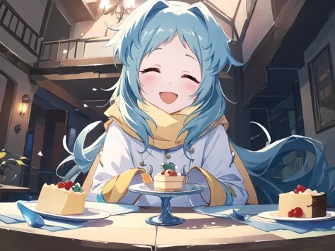 anime girl with blue hair sitting at a table with a cake