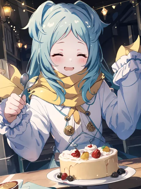 anime girl with blue hair holding a knife and fork in front of a cake