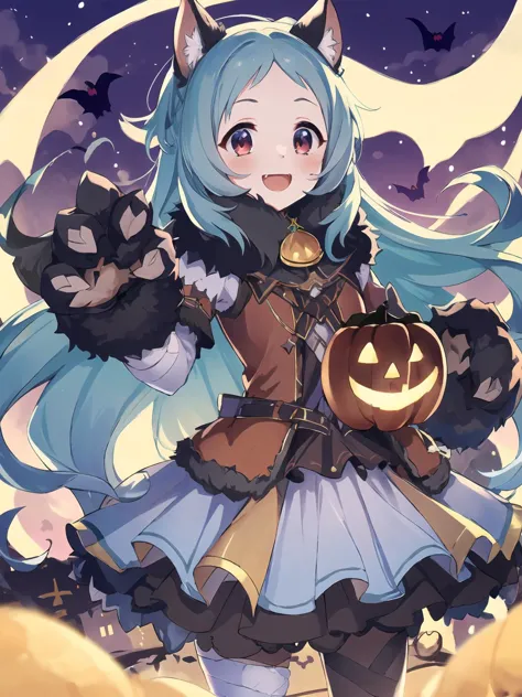 a girl with blue hair and a cat ears holding a pumpkin