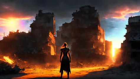 a woman standing in front of a mountain with a fire in the background