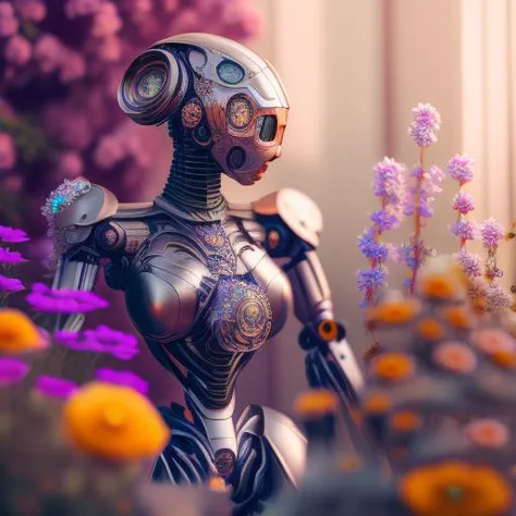 a close up of a robot standing in a field of flowers