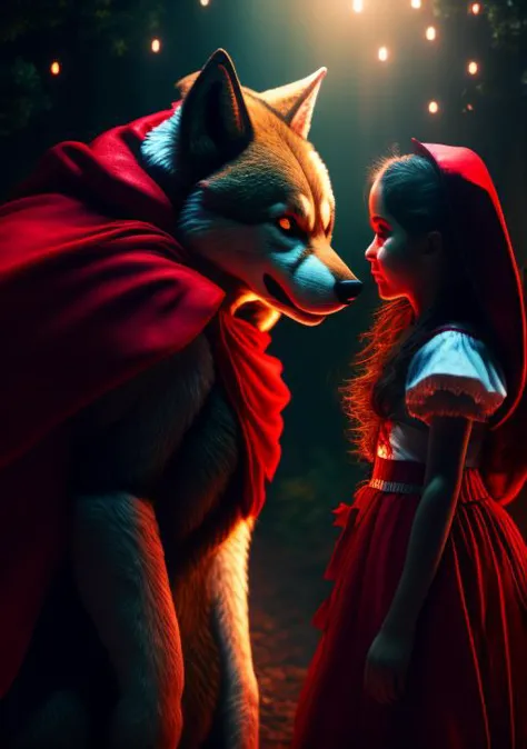 a girl and a wolf are standing in the woods