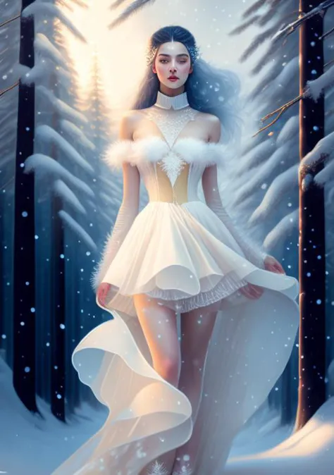 a woman in a white dress is walking through the snow