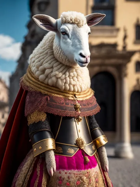 Portait of a sheep in baroque armor in front of woollen palace