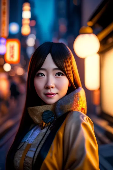 ultra realistic photography of beautiful happy brunette, japanese girl, cosplay, anime style, in the streets of Kyoto, night is coming, full body, 3D manga, cinematic, colorful background, concept art, dramatic lighting, high detail, highly detailed, hyper realistic, intricate, intricate sharp details, octane render, smooth, studio lighting, trending on artstation.