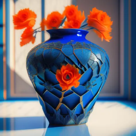 (a modern blue ceramic designer vase:1.2) with orange flowers, Cobwebber, on sunny livingroom shelf,
intricate details, modelsho...