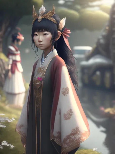 estilovintedois, (extremely detailed CG unity 8k wallpaper),(masterpiece), (best quality), (realistic), (((best�quality))), ((ultra-detailed)), rural Japan, Japan, summer, rain, sharp, rule of thirds, elven empress, asian empress, long hair, headdress, (child), (kid), elf, pointy ears, solo, intricate traditional japanese dress, sharp, looking at viewer, fullbody