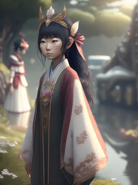 estilovintedois, (extremely detailed CG unity 8k wallpaper),(masterpiece), (best quality), (realistic), (((best�quality))), ((ultra-detailed)), rural Japan, Japan, summer, rain, sharp, rule of thirds, elven empress, asian empress, long hair, headdress, (child), (kid), elf, pointy ears, solo, intricate traditional japanese dress, sharp, looking at viewer, fullbody