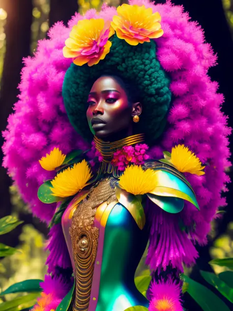 hyperrealistic neo - rococo cinematic super expressive! yoruba goddess with exoskeleton armor, merging with tree in a forest, pi...