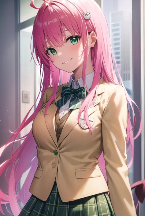 anime girl with pink hair and green eyes in a school uniform