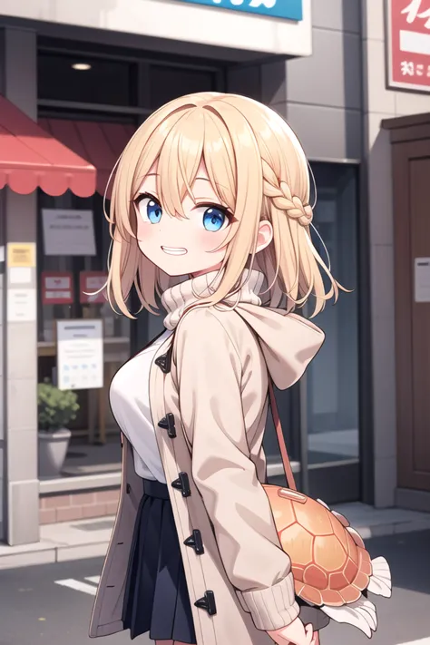 anime girl with blue eyes and a brown bag walking down the street