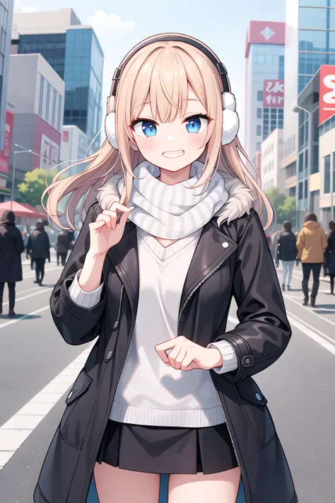 anime girl with headphones on walking down the street