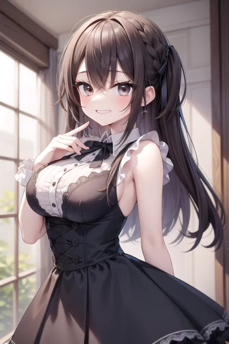 <lora:talkmouth_I_type1_v200:1>
insanely detailed, absurdres, ultra-highres, ultra-detailed, best quality,
1girl, solo, nice hands, perfect hands
BREAK
gothic theme, black gothic dress, white frill, hair dress
BREAK
(nsfw:-1.5)
BREAK
smile, open mouth
BREAK
,
standing, cowboy shot, looking at viewer
BREAK
slender, kawaii, perfect symmetrical face, ultra cute girl, ultra cute face, ultra detailed eyes, ultra detailed hair, ultra cute, ultra beautiful
BREAK
in schoolyard, depth of field, ultra detailed background
BREAK
large breasts
BREAK
brown hair, brown eyes, box braids,