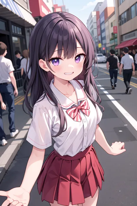 <lora:talkmouth_I_type1_v200:1>
insanely detailed, absurdres, ultra-highres, ultra-detailed, best quality,
1girl, solo, nice hands, perfect hands
BREAK
summer school uniform, (plain dark red skirt with many pleats:1.4), (striped red bowtie:1.3), short sleeves, white shirt, shirt with white button, shirt_tucked_in
    BREAK
    (breast pocket, vest, blazor, long sleeves, checked skirt, striped skirt, striped shirt, striped sleeves, bra visible through clothes, skirt with frill:-1)
BREAK
(nsfw:-1.5)
BREAK
smile, open mouth
BREAK
from above,
standing, cowboy shot, looking at viewer
BREAK
slender, kawaii, perfect symmetrical face, ultra cute girl, ultra cute face, ultra detailed eyes, ultra detailed hair, ultra cute, ultra beautiful
BREAK
in street, cityscape in harajuku, depth of field, ultra detailed background
BREAK
medium breasts
BREAK
purple hair, purple eyes, messy hair,