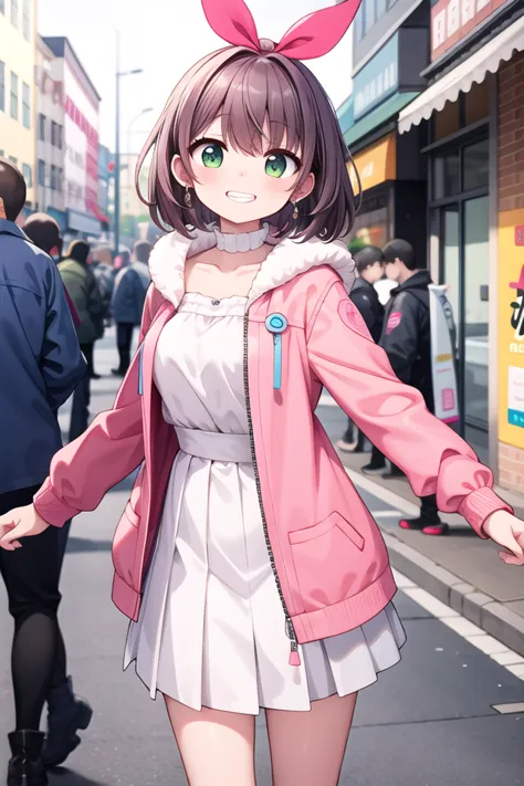 anime girl in pink jacket and white dress walking down a street