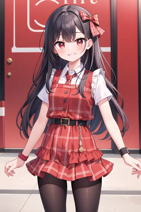 <lora:talkmouth_I_type1_v200:1>
insanely detailed, absurdres, ultra-highres, ultra-detailed, best quality,
1girl, solo, nice hands, perfect hands
BREAK
(Enchant:1.4), (red theme:1.5), ((red plaid pattern, tone on tone):1.4), (idol uniform:1.2), (fusion of sleeveless (red plaid pattern) vest and red sundress:1.4), (red tie:1.4), ((red plaid pattern) multi-layered skirt with ruffles:1.3), ((red:1.3) platform HIGH boots:1.1), (red plaid pattern ribbon on head:1.3)
    BREAK
    (short sleeve white collared-shirt dress layering:1.2), (black pantyhose:1.2), (belt:1.3), (wristband:1.3), (naked skin:-1), (black vest:-1), (white vest:-1), (black skirt:-1), (white skirt:-1), (cleavage:-1.5)
BREAK
smile, open mouth
BREAK
(45 angle:-1.5), (from side:-1.5),
standing, cowboy shot, looking at viewer
BREAK
slender, kawaii, perfect symmetrical face, ultra cute girl, ultra cute face, ultra detailed eyes, ultra detailed hair, ultra cute, ultra beautiful
BREAK
in schoolyard, depth of field, ultra detailed background
BREAK
medium large breasts
BREAK
black hair, red eyes, cornrows,