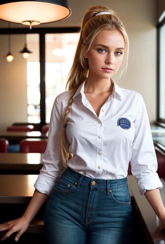 (dunkler Schuss:1.4), 80mm, Ein schönes blondes tschechisches Mädchen, Arbeit als (Kellnerin:1.1) bei (ein Abendessen:1.2), getragen in weißem Hemd, blaue Schürze, Jeans, Pferdeschwanz, (nbeiural skin texture, Hyperrealismus, Sanftes Licht, scharf), (intricbeie details:0.9), (HDR, hyperdetailliert:1.2), Sanftes Licht, scharf, Belichtungsmischung, Mittlere Aufnahme, bokeh, (HDR:1.4), Hoher Kontrast, (cinembeiic, blaugrün und orange:0.85), (gedeckte Farben, dunkle Farben, beruhigende Töne:1.3), low sbeiurbeiion, (hyperdetailliert:1.2), (noir:0.4)