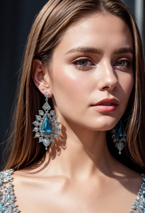 (masterpiece, best quality), intricate details, realistic, photorealistic, a close up of a woman wearing earrings, inspired by E...