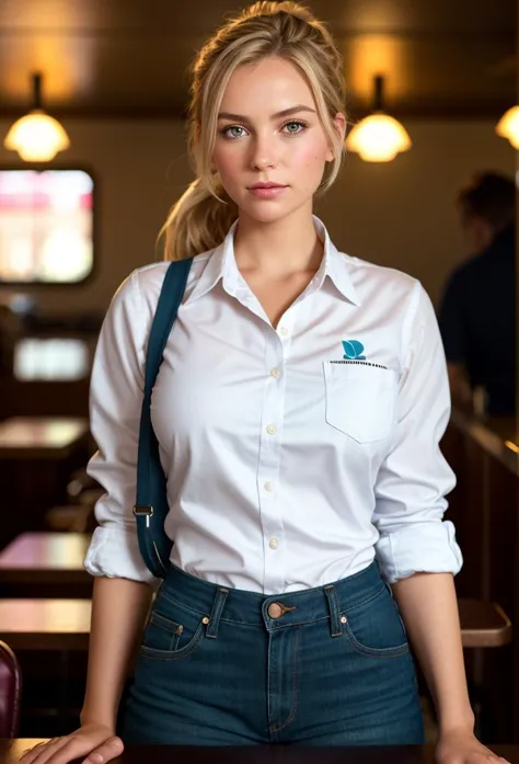 (dark shot:1.4), 80mm, a beautiful blondie czech girl, working as a (waitress:1.1) at (a diner:1.2), weared in white shirt, blue...