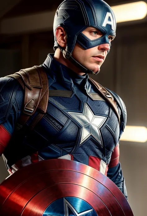 close up RAW photo of captain america, detailed textures, sharp focus, ultra high pixel detail, absurdres, cinematic, intricate, cinematic light, concept art, art station, realistic, movie scene, cinematic, high quality, craig mullins and wayne barlowe sty...