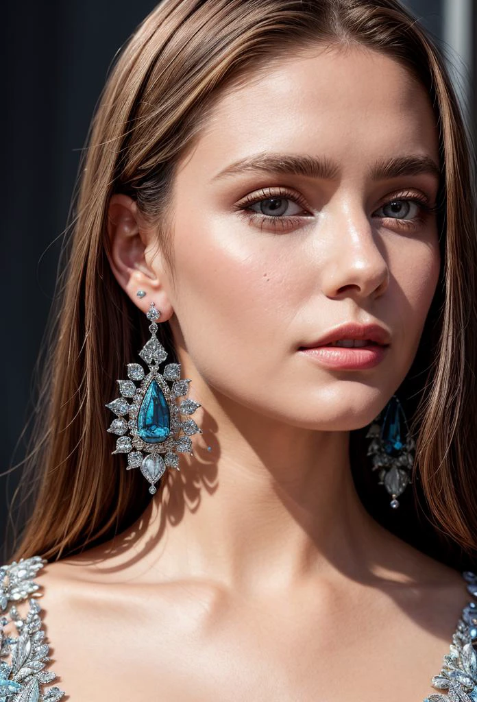 (masterpiece, best quality), intricate details, realistic, photorealistic, a close up of a woman wearing earrings, inspired by Emma Andijewska, draped in crystals, silver color, long earrings, sandra chevier, huge earrings, 2019, blue-eyed, platinum jewellery, earring, flawless structure, silver earring,  